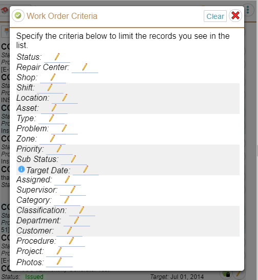 Work Order Criteria Information